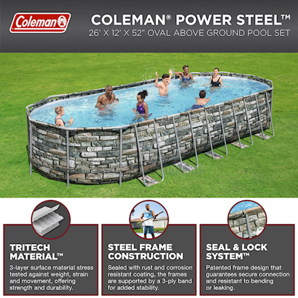 Coleman Power Steel 26’ x 12’ x 52” Oval Above Ground Pool Set. Contains: 1 pool, 1 SmartTouch filter pump (2,000 gal. flow rate) can be controlled through the Bestway Smart Hub™ App (compatible with Type IV cartridge), 1 safety ladder, 1 pool cover - Image 1 of 8