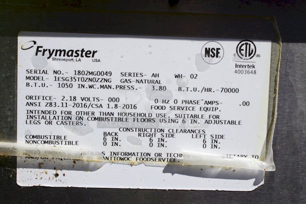 Frymaster ESG35T Gas Fryer - (1) 35 lb Vat, Floor Model, Natural Gas - Image 5 of 5