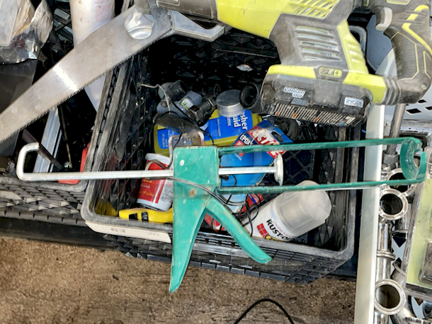 ALL FOR ONE! Crate Full Of Various Tools & Parts: Ryobi Reciprocating Saw, Heat Gun Caulk Gun, ¼” Air Compressor Filter, Hand Saw, Handle and More  - Image 6 of 8