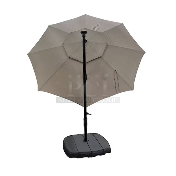 SimplyShade 11-ft 42-LED Light Cantilever Umbrella with Base, Solar/AC Powered. Color: Greige. Includes: 120 volt AC Adapter Cord. 360-Degree pivoting Hub W/ Foot Pedal To Swing Canopy Horizontally. 11-ft x 11-ft x 8.32-ft - Image 10 of 12