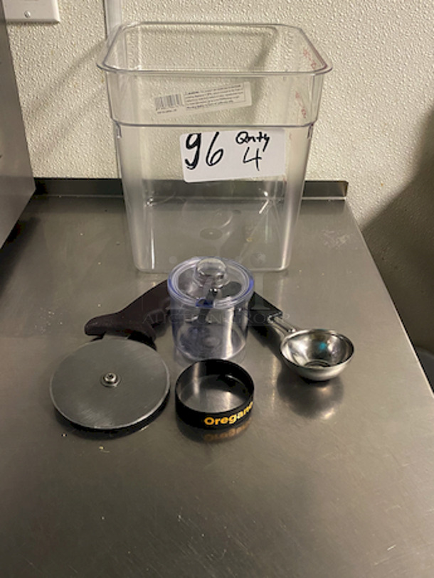 Variety of Smallware: 8qt Storage Container, Round Wheel Cutter, Sugar/Spice Container With Spoon. Rubber Oregano Label That Which Can Be Used On Multiple Containers. 

4x Your Bid.  - Image 2 of 9