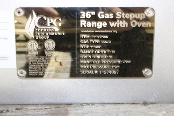 Cooking Performance Group S36-SU-N Gas 6 Burner 36" Step-Up Range with 1 Standard Oven, 210,000 BTU. Legs For Back Panel Supports Are Bent. 36x32-5/8x60-3/8  - Image 10 of 11