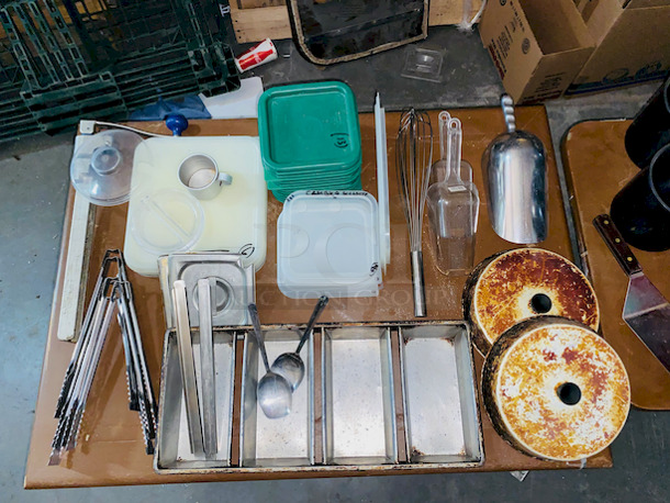 ALL FOR 1! Includes Everything Except The Rack.  Some of The Items Include: 20 Hole Cupcake/Muffin Pan, Syrup Merchandisers, Dough Scale, Variety of Pans and Containers, Lids, Bread Pan, Tongs, Ice Scoops, Chaffers, Full Size Baking Sheets PLUS MUCH MORE!! 
 - Image 4 of 12
