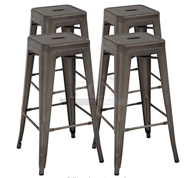 NEW, NEVER USED, IN THE BOX! Set of (4) FDW Metal TDS-430-Bronze Bar Stools , Counter Height, Stackable, Indoor Outdoor 16-1/2x16-1/2x30. 4x Your Bid	 