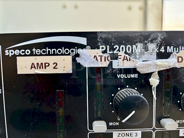 OUTSTANDING! Speco Technologies PL200M Commercial Amplifier (160W) In Perfect Working Order!! KEY FEATURES: Playback 5 Sources to 4 Zones; Each Channel Offers Volume & Mute; Speaker Output: 40W RMS per Zone; Telephone Paging & Monitor Output; 19" Rackmount Design: 3 RU; Each Channel Offers Gain, Treble & Bass; Compatible with 4-/8-Ohm Speakers; Microphone 1 Priority with VOX Mute - Image 5 of 5