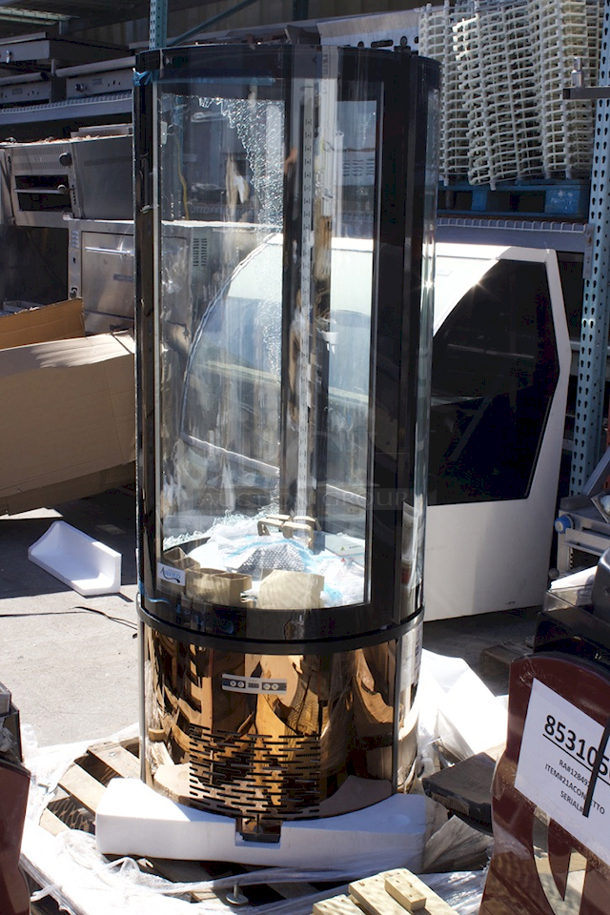 BRAND NEW SCRATCH & DENT! Avantco BCR-15-HC Copper Circular Glass Refrigerated Display Case - 1 Panel Outer Layer OF Broken Glass Is Broken. Tested - Quickly Drops Down To & Holds Temp.  - Image 5 of 8