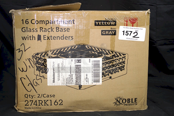 NEW! (2) Noble Products 274RK162 16-Compartment Gray Full-Size Glass Rack with 2 Yellow Extenders & 32 Wine Glasses. 2x Your Bid
 
 - Image 1 of 6