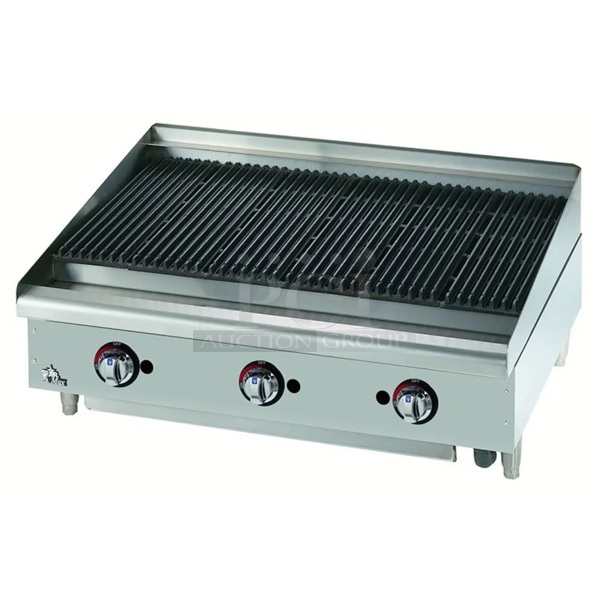 BRAND NEW IN BOX! Star 6036CBB Stainless Steel Commercial Countertop Natural Gas Powered Charbroiler Grill. Stock Picture Used a Gallery. 36x32x14