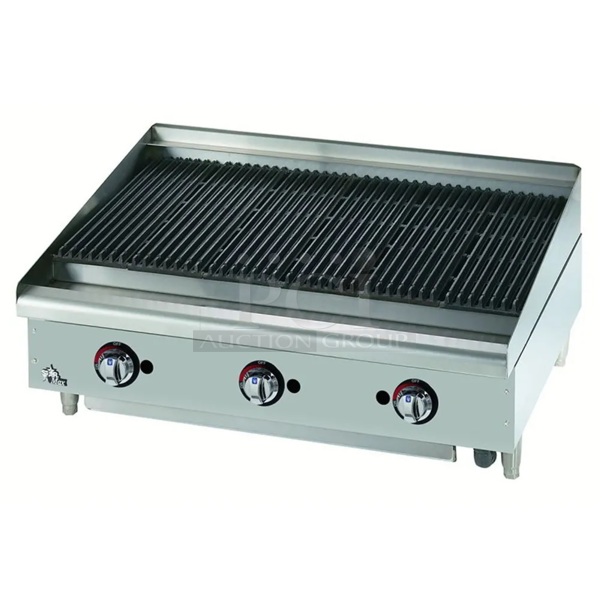 BRAND NEW IN BOX! Star 6036CBB Stainless Steel Commercial Countertop Natural Gas Powered Charbroiler Grill. Stock Picture Used a Gallery. 36x32x14 - Image 1 of 6