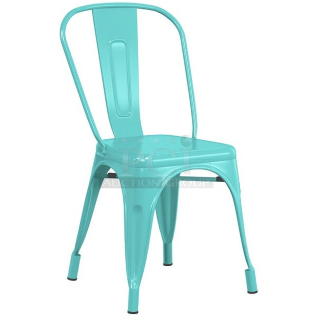12 BRAND NEW SCRATCH AND DENT! Lancaster Table & Seating 164CMCAFESFM Alloy Series Seafoam Green Metal Tolix Style Outdoor Cafe Chairs. Stock Picture Used as Gallery. 12 Times Your Bid! - Image 1 of 3