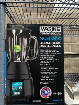 NEW In Box! Waring Commercial Countertop Bar Blender! With Clear Polycarbonate Pitcher! 120V 1 Phase! Model: BB180X!