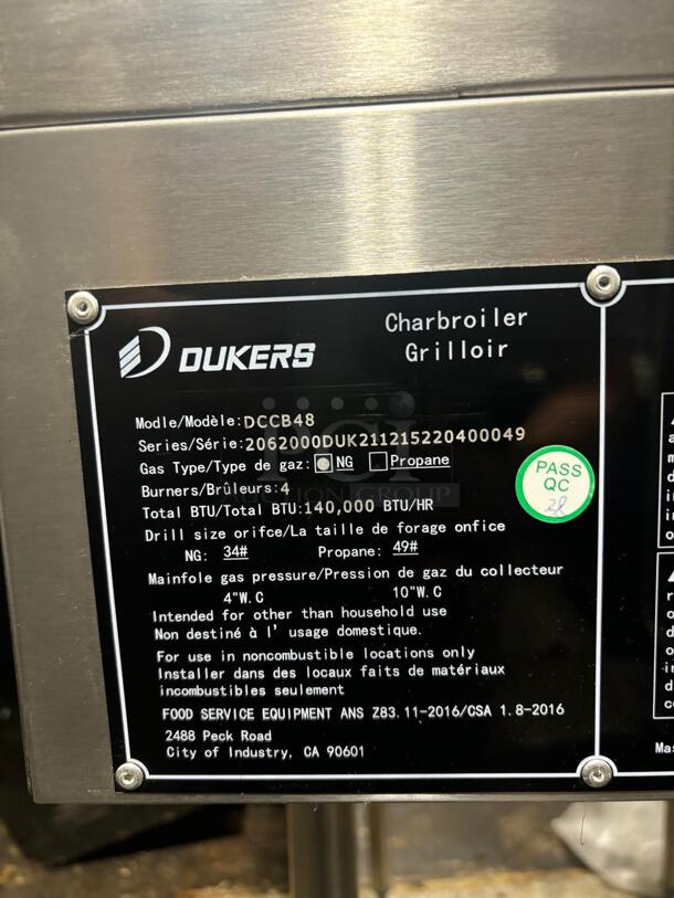 Brand New Dukers DCCB48 48"W Gas Countertop Charbroiler - 140,000 BTU
 - Image 6 of 8