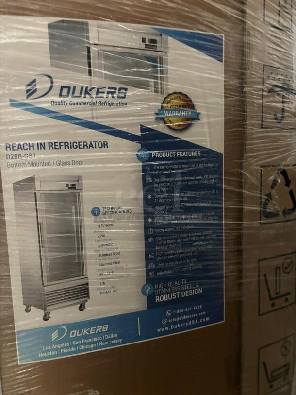 Dukers Appliance Co D28AG 28" One Section Reach-In Refrigerator w/ FULL GLASS DOOR, Top Mount, Stainless Steel, 18 cu. ft.
 - Image 1 of 4