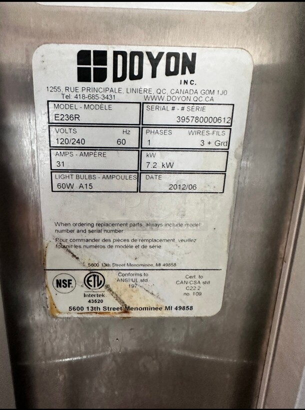 Late Model Doyon E236R Roll-In Proofer For 2 Single Racks, 2 Glass Sections 220 Volt - Image 8 of 9
