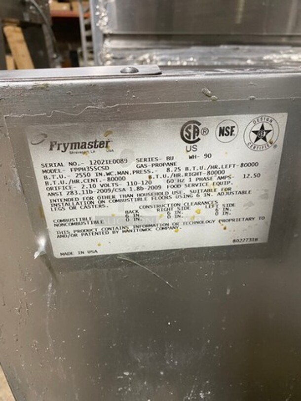 Frymaster Commercial LP Powered 3 Bay Deep Fat Fryer! With Metal Frying Baskets! All Stainless Steel! On Casters! Model: FPPH355CSD SN: 1202IE0089 - Image 9 of 12