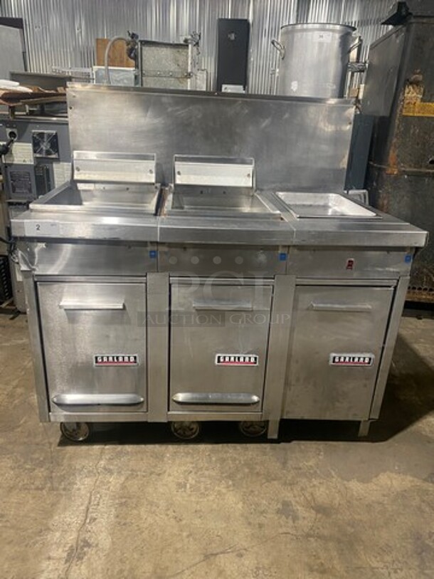 Garland Commercial Natural Gas Powered 2 Bay Deep Fat Fryer! With Side Dumping Station! With Back Splash! All Stainless Steel! On Casters! Model: 3540SS SN: 414720