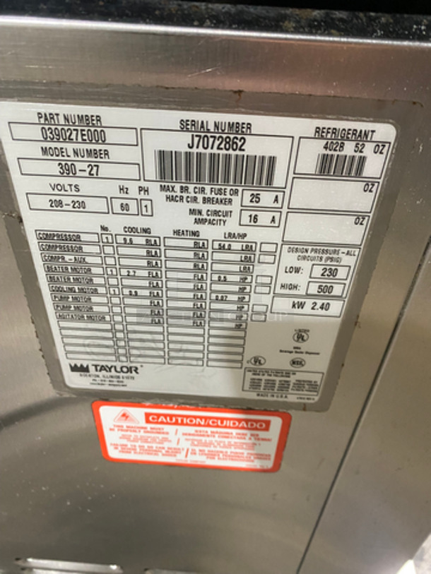 Taylor Commercial Countertop Single Flavor Slushie Machine! All Stainless Steel! On Legs! Model: 39027 SN: J7072862 208/230V 60HZ 1 Phase - Image 5 of 10
