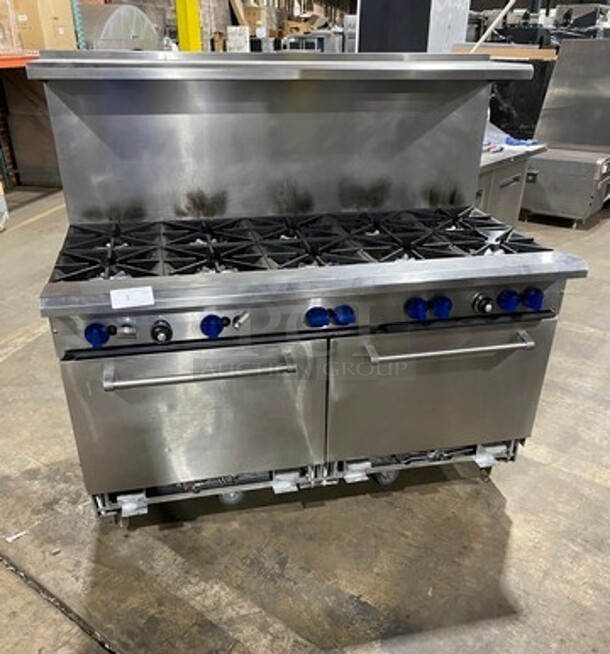 All Satinless Steel! Commercial Natural Gas Powered 10 Burner Stove! With Raised Back Splash! With 2 Full Size Oven Underneath! All Stainless Steel! - Image 1 of 10