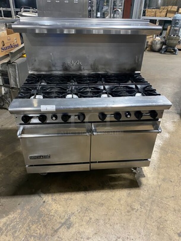 American Range Commercial Natural Gas Powered 8 Burner Stove! With Raised Back Splash And Salamander Shelf! With 2 Oven Underneath! Metal Oven Racks! All Stainless Steel! On Casters! - Image 1 of 10