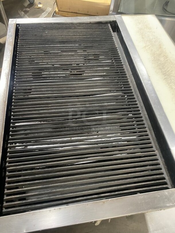 Bakers Pride Commercial Countertop Natural Gas Powered 48 Inch Char Broiler Grill! On Commercial 60 Inch Equipment Stand! With Underneath Storage Space! All Stainless Steel! On Casters! Working When Removed! Model XX8 Serial 592381707002!  - Image 5 of 10