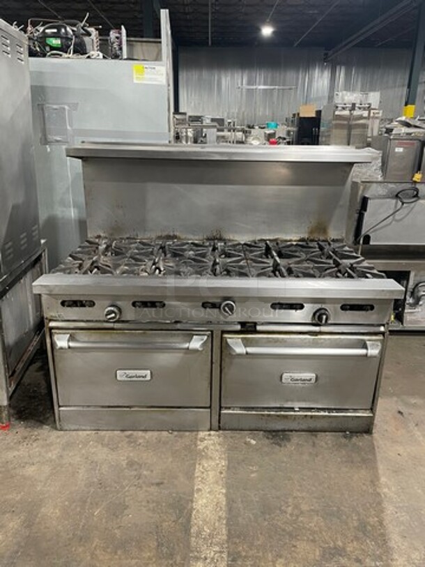 Garland Natural Gas Powered 10 Burner Stove! With Double Full Size Oven Underneath! With Raised Back Splash & Salamander Shelf! Working When Removed!  - Image 1 of 9