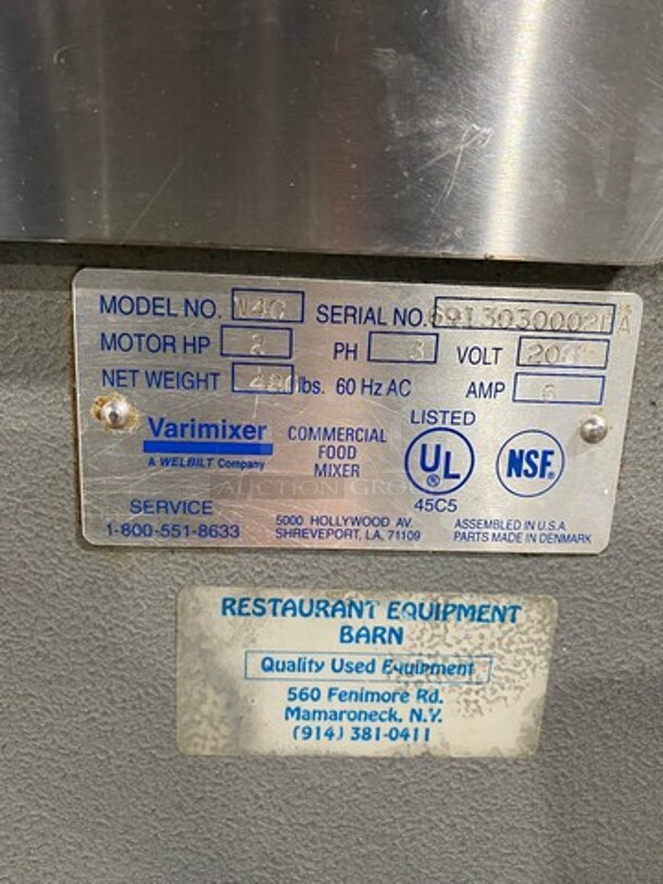 NICE! Welbilt Varimixer Commercial 40 Qt Planetary Mixer! With Mixing Bowl And Hook Attachment! Model: W40 SN: 6913030002EA 208V 3 Phase - Image 9 of 11