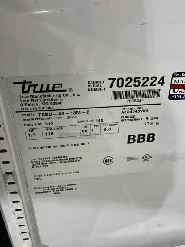 True Commercial Refrigerated Sandwich Prep Table! With 2 Door Underneath Storage Space! With Poly Coated Racks! All Stainless Steel! On Casters! Model: TSSU4818MB SN: 7025224 115V 60HZ 1 Phase - Image 7 of 9
