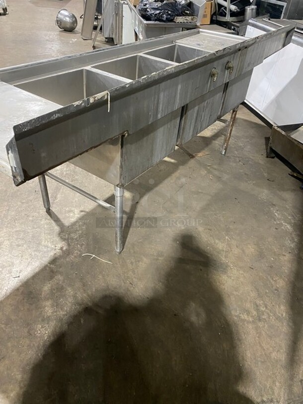 AMAZING! Duke Stainless Steel 3 Compartment Sink! With Left & Right Side Drainboards! With Backsplash! With Drain Levers! On Legs! - Image 3 of 10