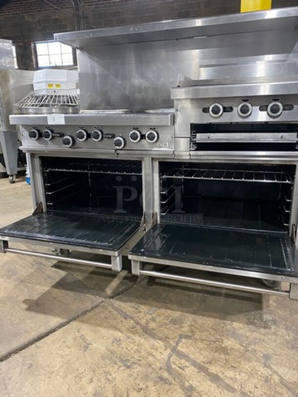 GREAT FIND! Garland Commercial Gas Powered 6 Burner Stove With Right Side Flat Griddle! Griddle Has Side Splashes! With Raised Back Splash And Salamander Shelf! With 2 Oven Underneath! Metal Oven Racks! All Stainless Steel! On Casters! - Image 5 of 11