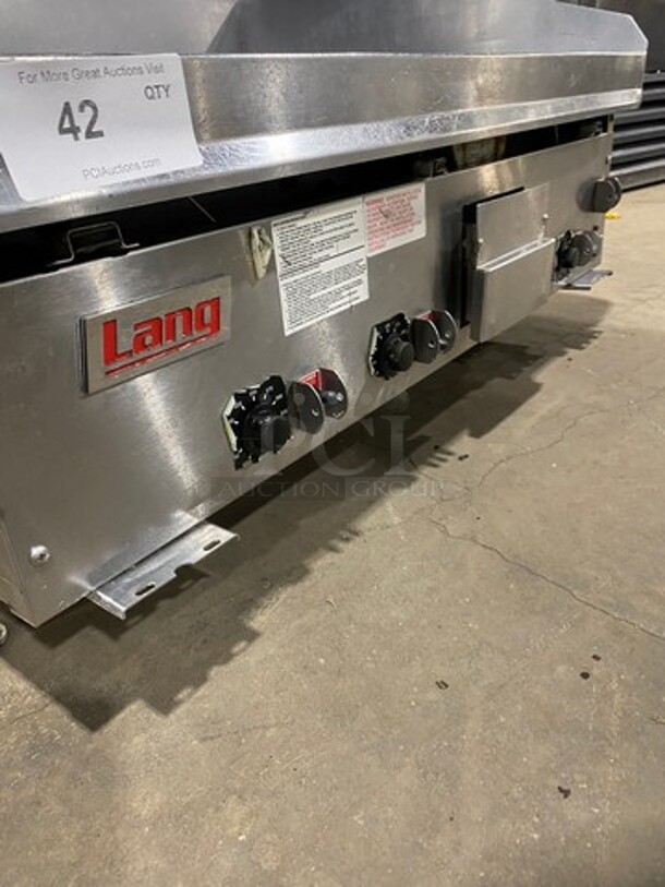 Lang Commercial Countertop Natural Gas Powered Mirror Shine Polish Top Flat Top Griddle! With Back And Side Splashes! All Stainless Steel! On Small Legs! Working When Removed!
 - Image 6 of 8