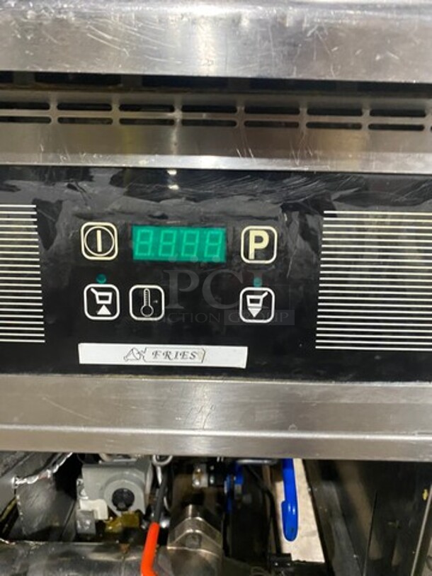 DON'T MISS OUT! AMAZING! Pitco Frialator Stainless Steel Commercial Natural Gas Powered 2 Bay Deep Fat Fryer w/2 Metal Fry Baskets! Oil filter System. On Commercial Casters! MODEL SSH55 Serial G18CE021564.  - Image 8 of 10