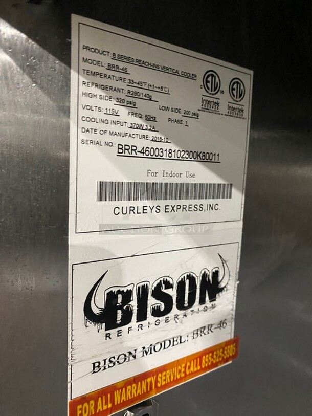 WOW! 2018 Bison Commercial Reach In Cooler! With Poly Coated Racks! All Stainless Steel! On Commercial Casters! MODEL BRR46 SN: BRR4600318102300K80011! 115V 1PH! - Image 8 of 9