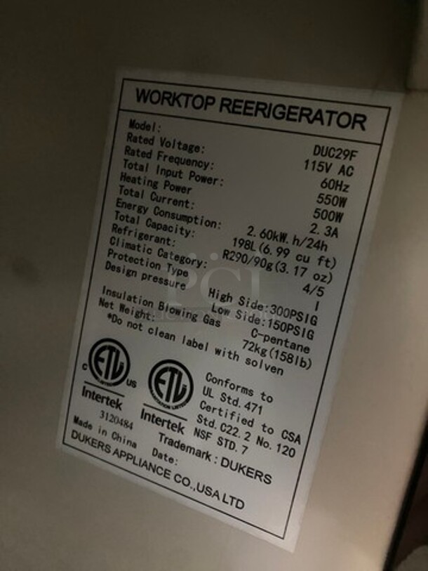 Dukers Commercial Single Door Refrigerated Lowboy/ Worktop Freezer! With Poly Coated Rack! Solid Stainless Steel! Model: DUC29F 115V 60HZ 1 Phase - Image 6 of 7