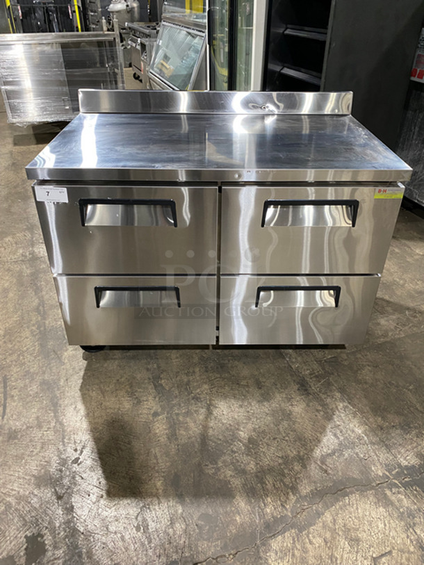 WOW! New Never Used! All Stainless Steel Commercial 4 Drawer Work Top Refrigerator! With Back Splash! All Stainless Steel! On Casters! Model: LWT484 SN: LWT48412120384002 115V 60HZ 1 Phase