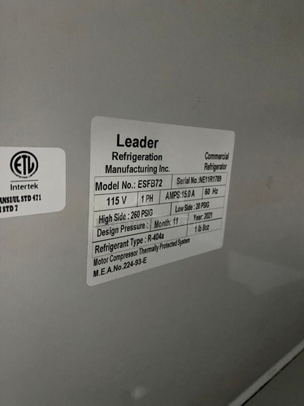 SWEET! LATE MODEL 2021 Leader Stainless Steel low Boy Under Counter Freezer! MODEL ESFB72 SB:NE11R1789 115V 1PH! Working When Removed!  - Image 6 of 7