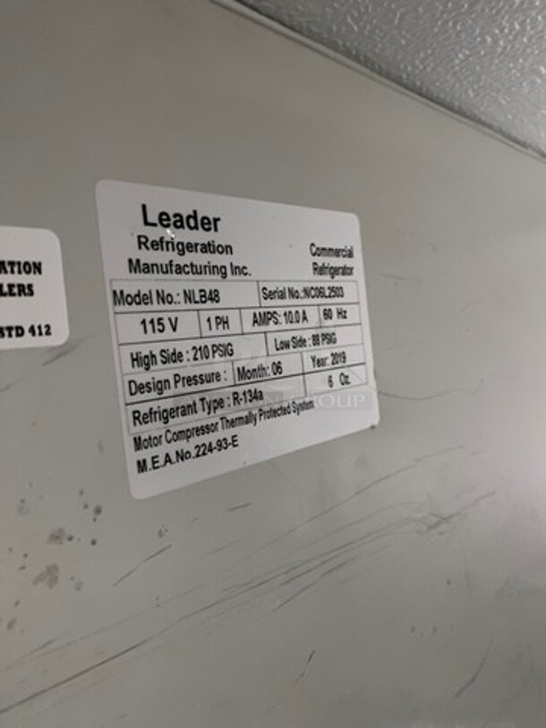LATE MODEL! 2019 Leader Commercial Refrigerated 2 Door Lowboy! All Stainless Steel! On Casters! Model: NLB48 SN: NC06L2503 115V 60HZ 1 Phase - Image 7 of 8