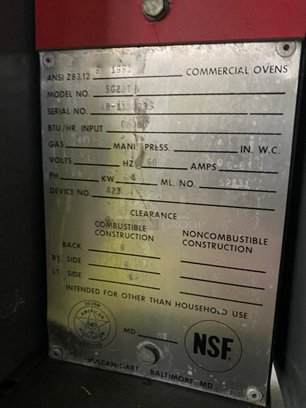 Vulcan Commercial Double Deck Natural Gas Powered Convection Oven! With View Through Doors! Metal Oven Racks! All Stainless Steel! On Legs! 2x Your Bid Makes One Unit! Model: SG22T SN: 481110235115V 60HZ 1 Phase - Image 8 of 9