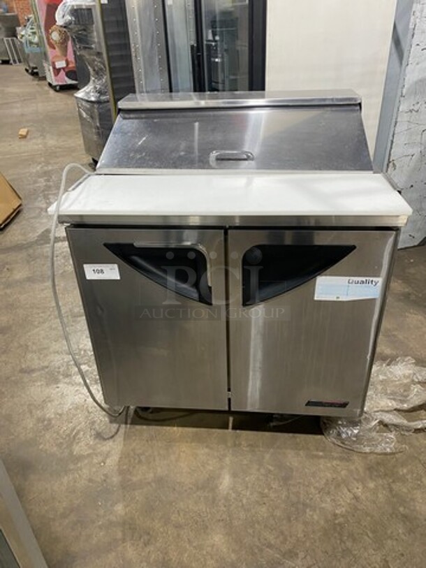 Turbo Air Commercial Refrigerated Sandwich Prep Table! With Commercial Cutting Board! With 2 Door Underneath Storage Space!  All Stainless Steel! On Casters! WORKING WHEN REMOVED! Model: TST36SD SN: S310702007 115V