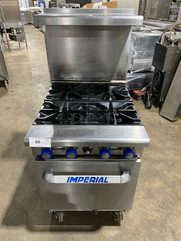Imperial Commercial Natural Gas Powered 4 Burner Stove! With Raised Back Splash And Salamander Shelf! With Oven Underneath! All Stainless Steel! On Casters!