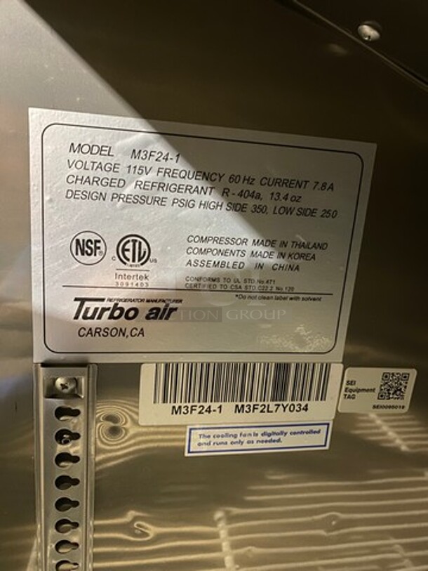 Turbo Air Commercial Single Door Reach In Freezer! All Stainless Steel! On Casters! Model: M3F241 SN: M3F2L7Y034 115V 60HZ 1 Phase - Image 6 of 10