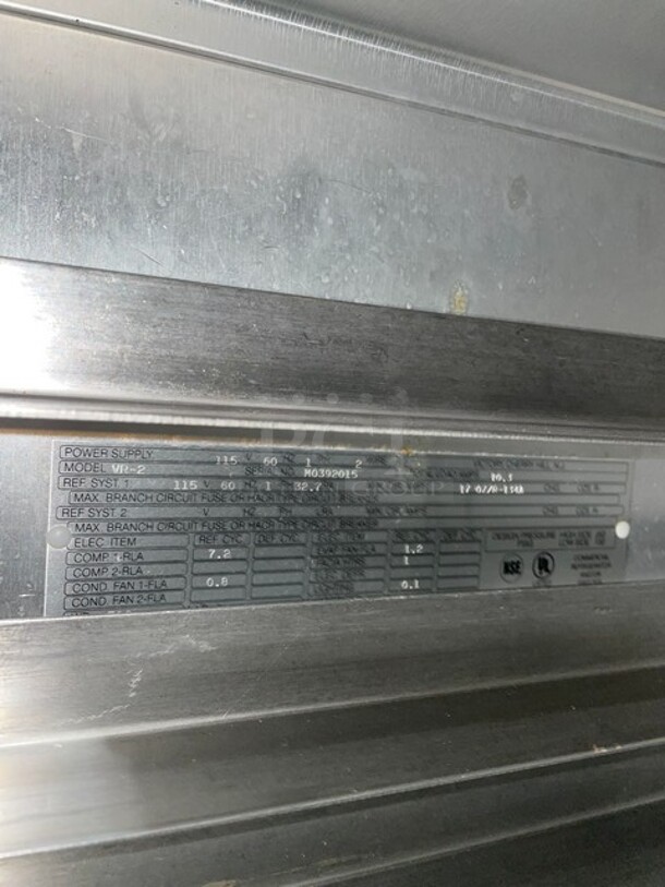 Victory Commercial 2 Door Refrigerator! With Left Side Built In Sheet Pan Racks! All Stainless Steel! With Poly Coated Racks! 115V 1 Phase! Model: VR-2 SN: M0392015! - Image 9 of 10