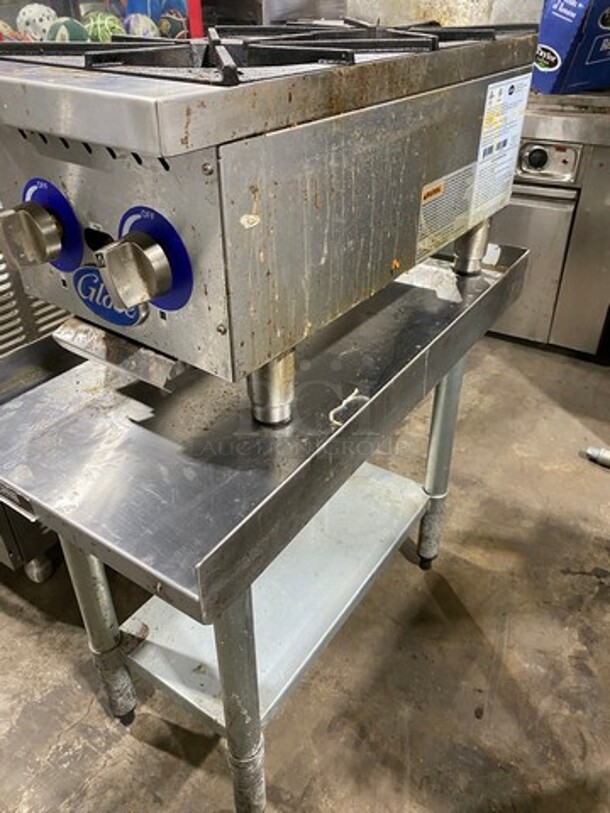 LATE MODEL! 2018 Globe Commercial Countertop Gas Powered 2 Burner Hot Plate Range! All Stainless Steel! On Equipment Stand! With Storage Space Underneath! On Legs! Model: GHP12G! Working When Removed! - Image 2 of 12