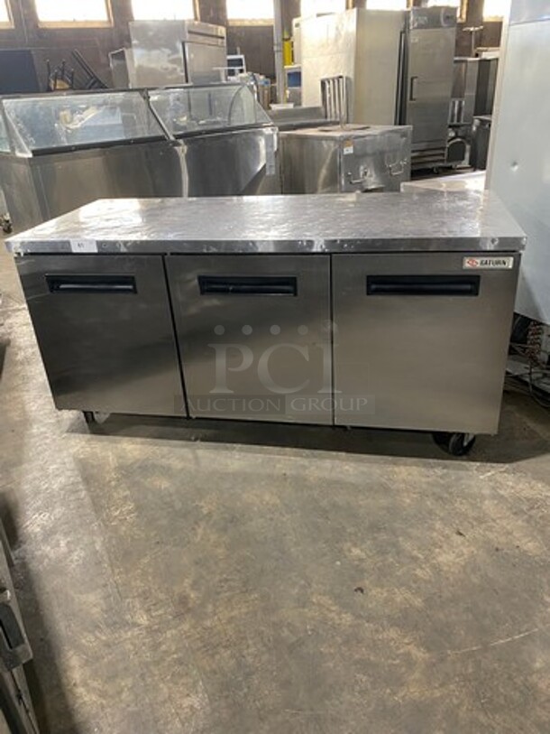 Saturn Commercial 3 Door Refrigerated Lowboy/Worktop Cooler! With Poly Coated Racks! All Stainless Steel! On Casters! WORKING WHEN REMOVED! Model: USC72 SN: LOOLUC6R0004 115V 60HZ 1 Phase