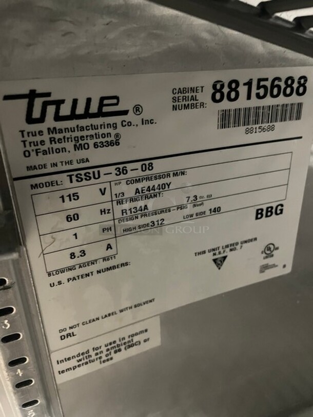 True  Stainless Steel Commercial Sandwich Salad Prep Table! Bain Marie Mega Top on Commercial Casters! 115 Volts, 1 Phase Model: TSSU-36-08 - Image 7 of 9
