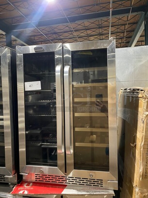 NEW! OUT OF THE BOX! SCRATCH-N-DENT! Whynter French Door Dual Zone Wine And Beer Can Cooler! With Through Doors! Wooden Wine Racks And Metal Racks! 20 Wine Bottle Capacity, 60 Beer Can Capacity! Model: BWB2060FDS - Image 1 of 8