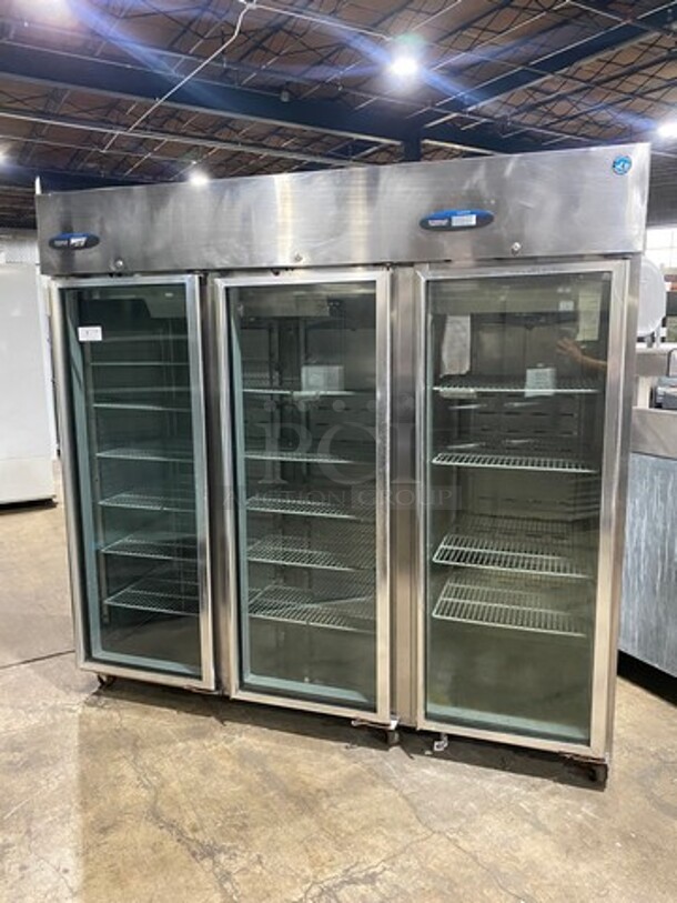 COOL! Hoshizaki Commercial 3 Door Reach In Cooler Merchandiser! With View Through Doors! Poly Coated Racks! All Stainless Steel Body! Model: CR3SFGYCR SN: F60047C 115V 60HZ 1 Phase