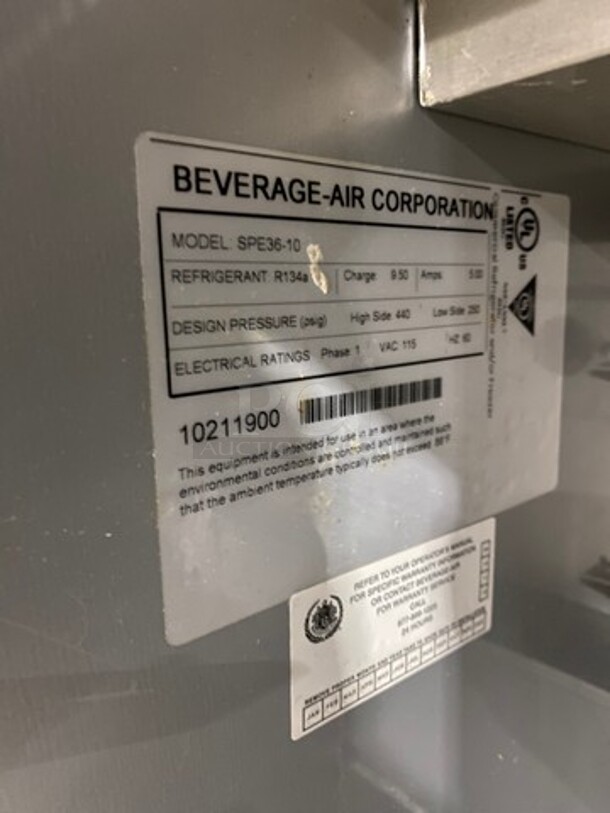 Beverage Air Commercial Refrigerated Sandwich Prep Table! With 2 Door Storage Space Underneath! All Stainless Steel! On Casters! Model: SPE3610 SN: 10211900 115V 60HZ 1 Phase - Image 7 of 9