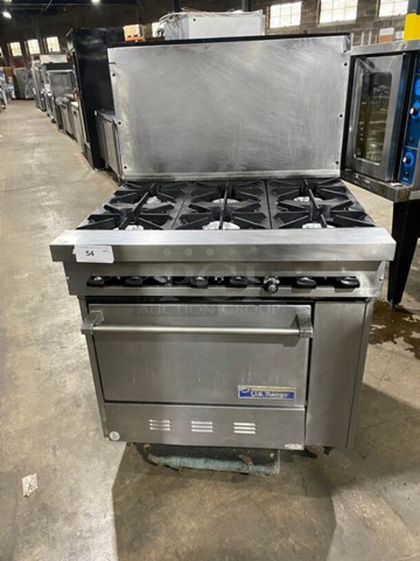 US Range Commercial Natural Gas Powered 6 Burner Stove! With Raised Back Splash! With Oven Underneath! All Stainless Steel! On Legs!