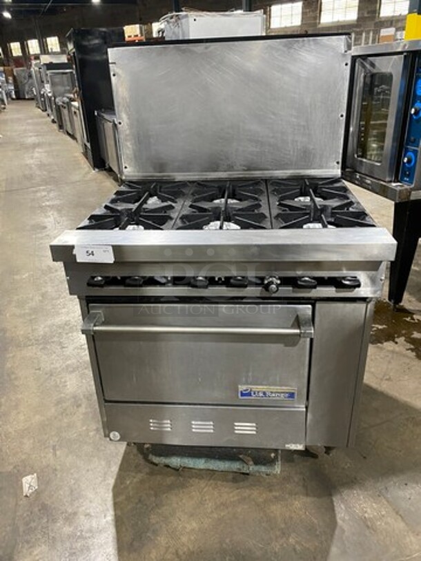 US Range Commercial Natural Gas Powered 6 Burner Stove! With Raised Back Splash! With Oven Underneath! All Stainless Steel! On Legs! - Image 1 of 9