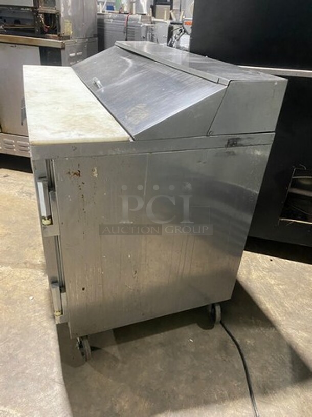 Nice! Beverage Air Commercial Refrigerated Sandwich Prep Table! With Commercial Cutting Board! With 2 Door Underneath Storage Space! With Poly Coated Racks! All Stainless Steel! On Casters! Model: SPE4812 115V 60HZ 1 Phase! Working When Removed! - Image 2 of 9